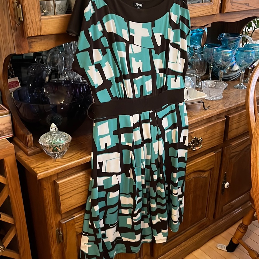 Apt 9 Brown, Turquoise, White Geometric Pattern Lightweight Midi Dress Size L